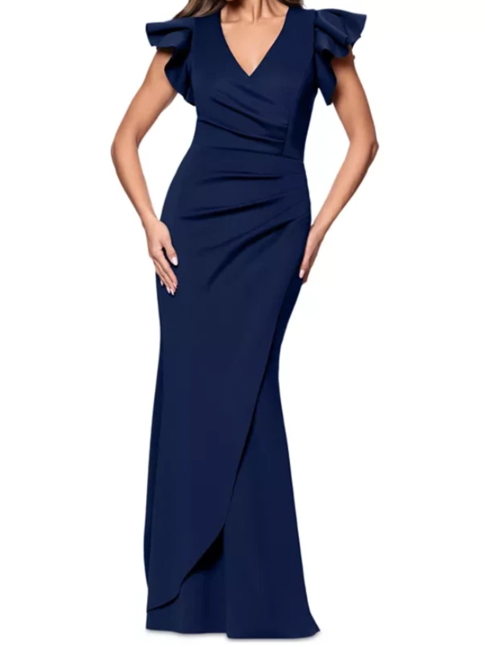 Xscape Navy V-Neck Flutter Sleeve Gown